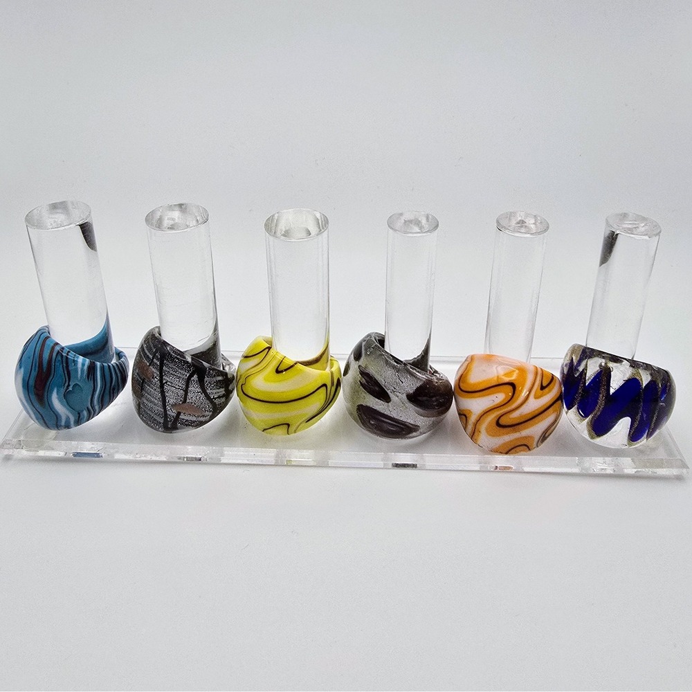 6pc Art Glass Ring Set Murano Style Swirl Statement Rings with Display Stand